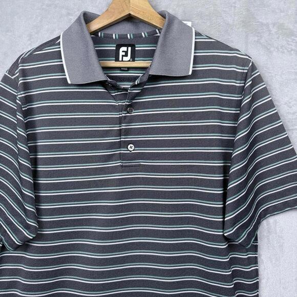 FJ FootJoy Striped Golf Polo Shirt Men Size M Gray Green Performance Polyester - Picture 3 of 9